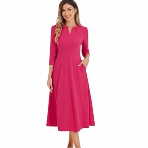 Allegra K‎ Hot Pink 3/4 Sleeve V Neck A-Line Midi Dress with Pockets Large NWOT